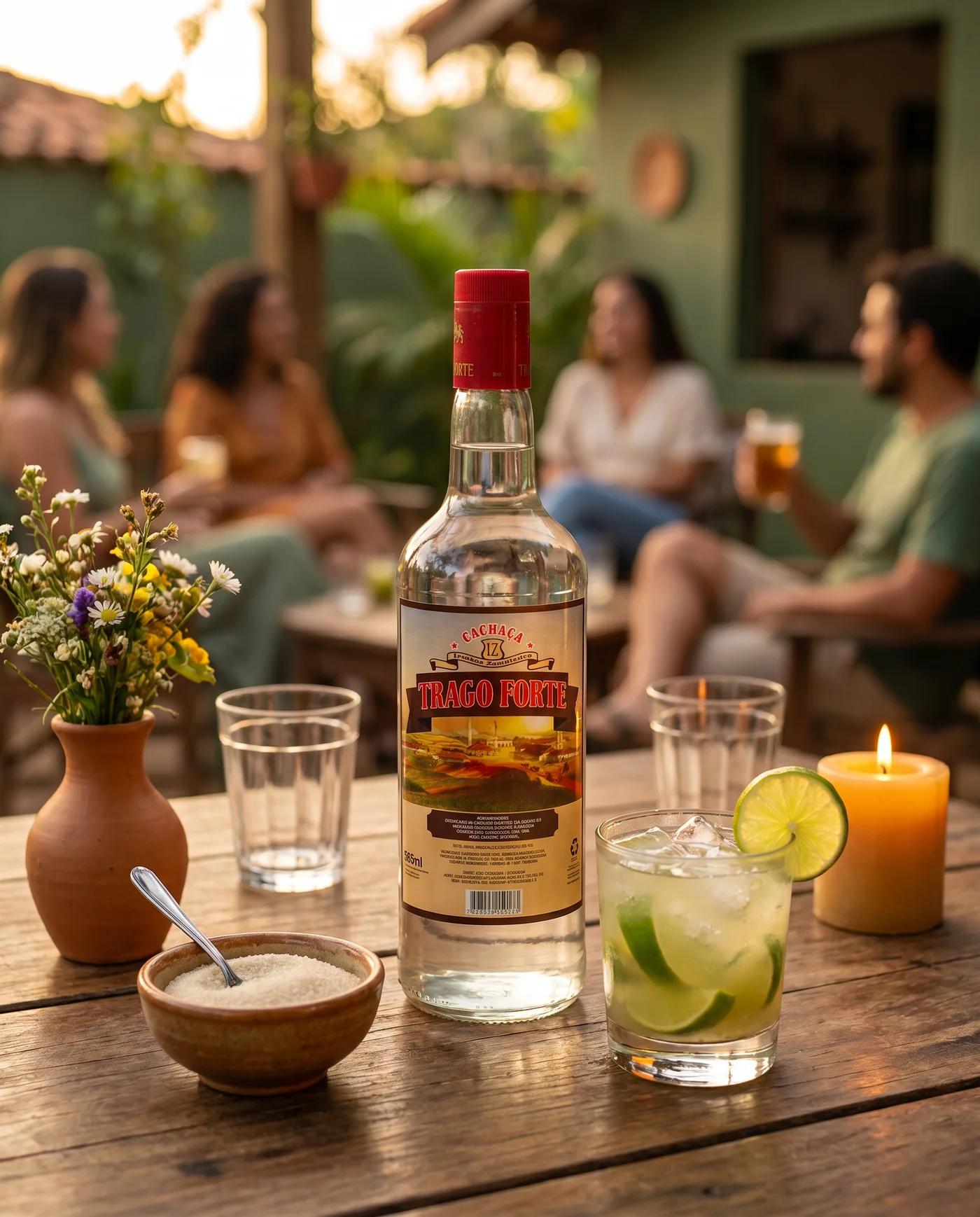 Garrafa de cachaça Zambianco Trago Forte sobre a mesa, com caipirinha, num quintal ao entardecer com pessoas ao fundo