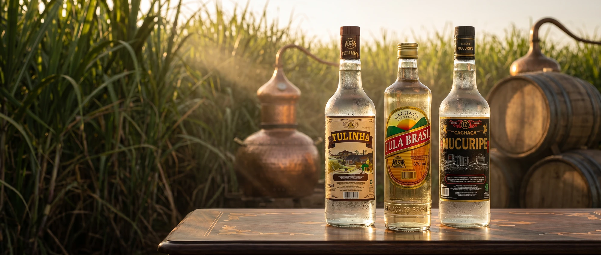 Garrafas Tulinha, Tula Brasil e Mucuripe sobre tábua de madeira diante de um canavial e alambique de cobre ao entardecer